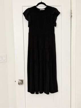 Women’s Black Tiered Maxi Dress with Flutter Sleeves